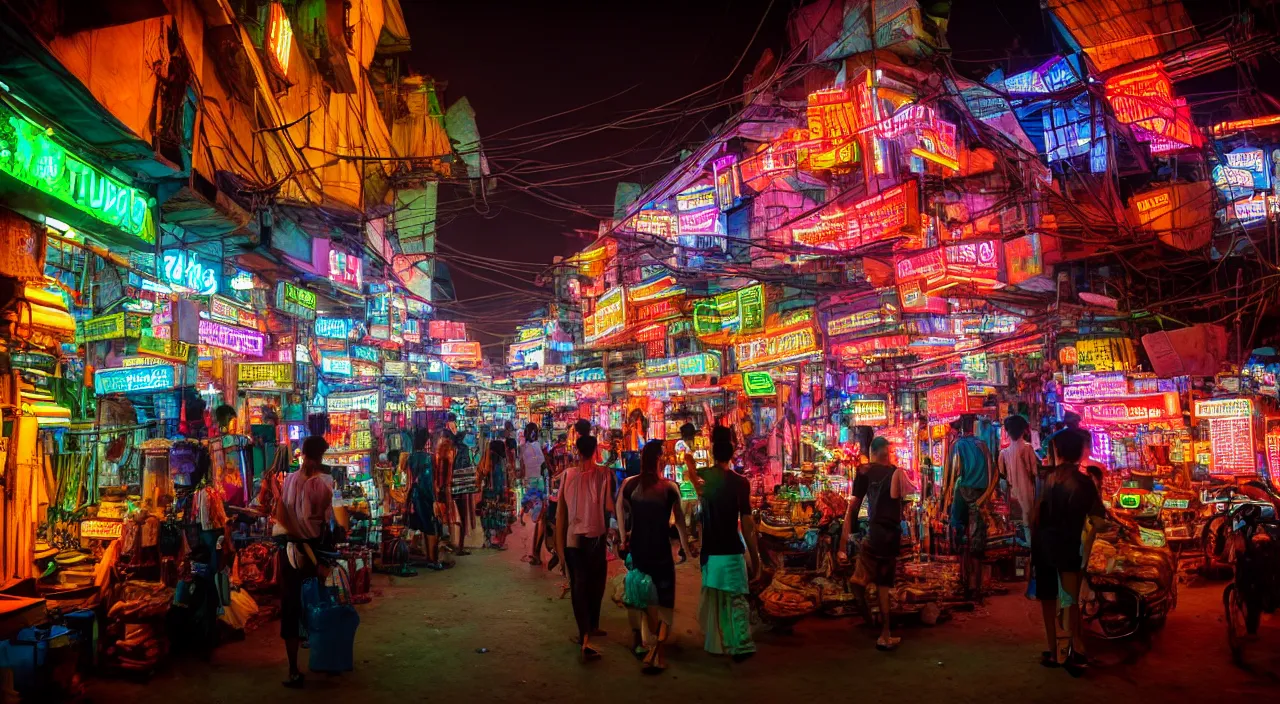 Image similar to Cyberpunk Market, futuristic Phnom-Penh Cambodia, neon lighting