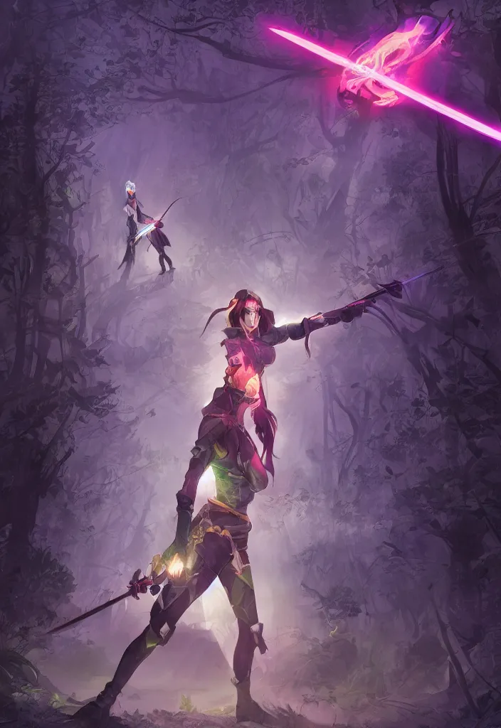 Image similar to , woman with illuminated sword and android with neon gloves fighting a shadow demon in the forest, grand scale , digital effects fantasy ,digital art, illustration, stylized, cel shaded