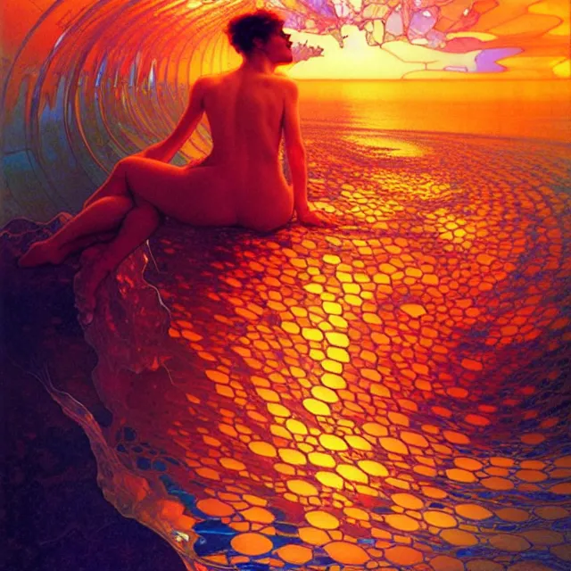 Image similar to mind bending sapphire ocean waves of glossy psychedelic liquid honey drops flowing like kaleidoscopic translucent amber, lsd waves, dmt ripples, crystal clear, backlit, sunset, refracted lighting, art by collier, albert aublet, krenz cushart, artem demura, alphonse mucha