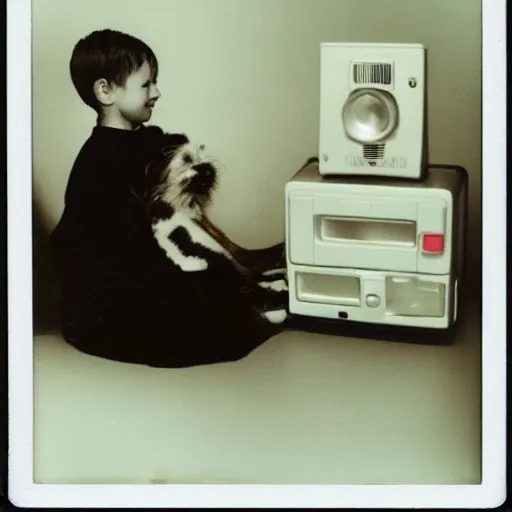 Image similar to a polaroid photo of a a computer with a pet human