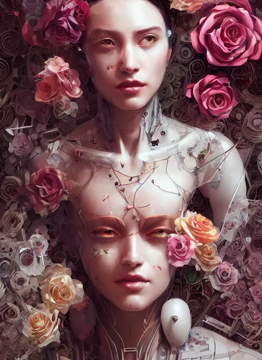 Image similar to portrait of a seductive female with flowers, cyberpunk cyborg. roses, muted colors, sci fi, intricate abstract upper body intricate artwork, by tooth wu, wlop, beeple, dan mumford. concept art, octane render, deviantart, greg rutkowski, cinematic arthouse, key art, hyper realism