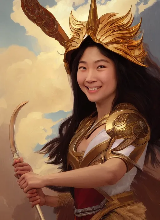 Prompt: Close-up portrait of smiling young asian woman wearing a winged helmet and a robe, holding a magic staff, portrait, highly detailed, digital painting, artstation, concept art, sharp focus, illustration, art by artgerm and greg rutkowski and alphonse mucha