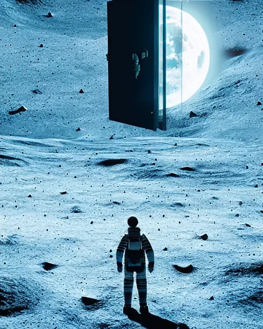 Image similar to a person standing in front of an open door that's on the moon, poster art by mike winkelmann, trending on cg society, space art, sci - fi, ue 5, futuristic, volumetric lighting