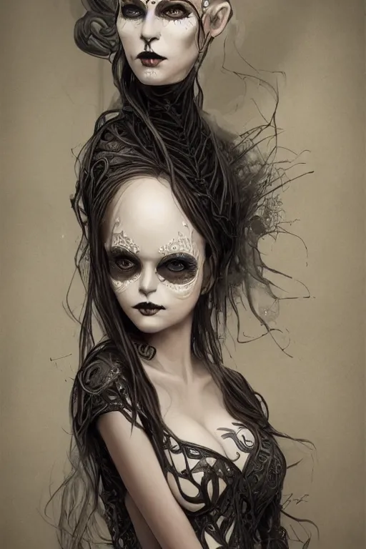 Prompt: ultra realist and ultra intricate detailed character concept art of a beautiful slim but curvy muerte girl in a long dress, thin lustrous hair, symmetry features, sensual gloomy style, soft painting, volumetric light and fog, fantasy background, artstation, Tom Bagshaw artstyle, unreal render