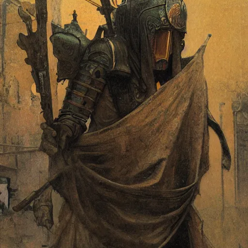 Prompt: study of masked holy crusader on the art deco streets of the byzathian empire city, award - winning realistic sci - fi concept art by beksinski, bruegel, greg rutkowski, alphonse mucha, and yoshitaka amano