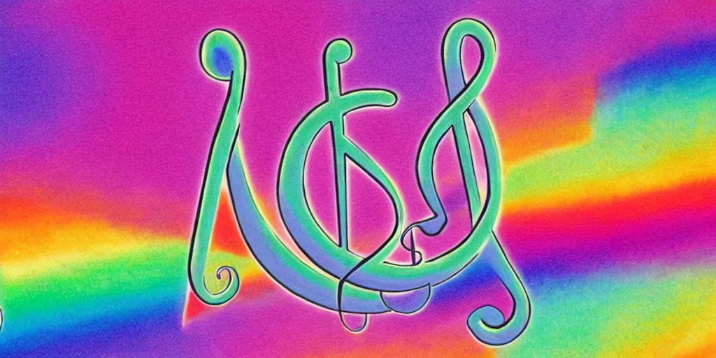 Image similar to a treble clef staff of complex musical notes and orchestral notation flowing from a prism pastel rainbow, comic book panel background, pink and grey muted colors, faded grey muted pastel colors, in the style of Pink Floyd Dark Side of the Moon