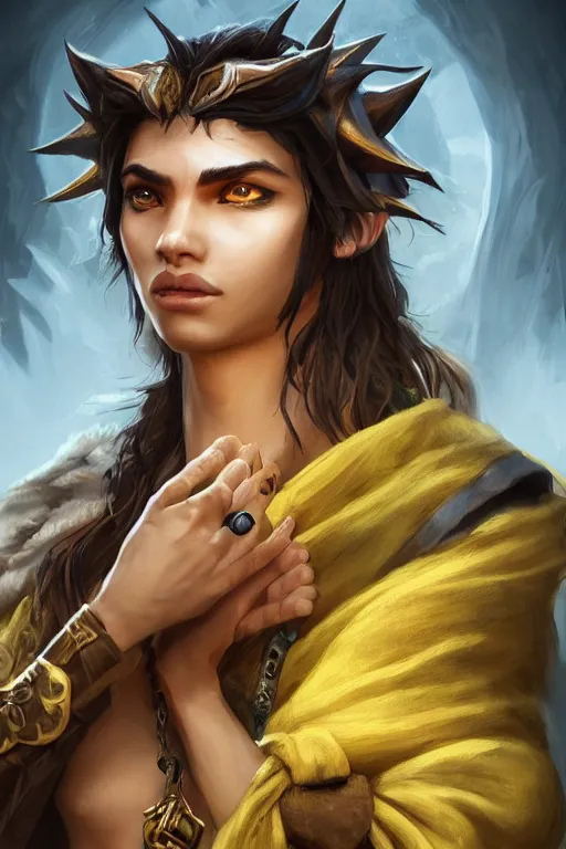 Image similar to portrait of young wild arabian nomad half werewolf, with yellow cloths, league of legends splash art, castlevania, hearthstone splash art, full body shot, rule of thirds, ultrafine hyperrealistic detailed face, artgerm, greg rutkowski, trending on artstation, 8 k, intricately detailed, highly detailed