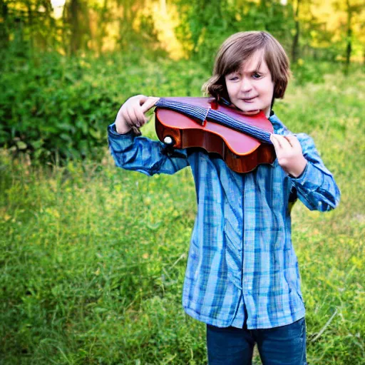 Image similar to a photo of a boy with long hair playing mandolin in the wilderness