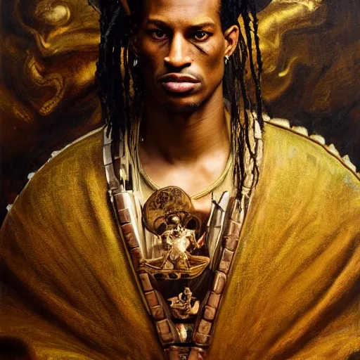 Image similar to highly detailed oil painting | very intricate | cinematic lighting | award - winning | travis scott as the mayan samurai in full armor | by roberto ferri, by tom bagshaw, by j. c. leyendecker and klimt, beautiful cinematic light, american romanticism, by austin osman spare, artstation, cgsociety, official art, octane