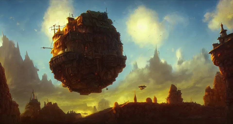 Prompt: landscape an fantasy town in the sky and an airship flying towards it andreas rocha