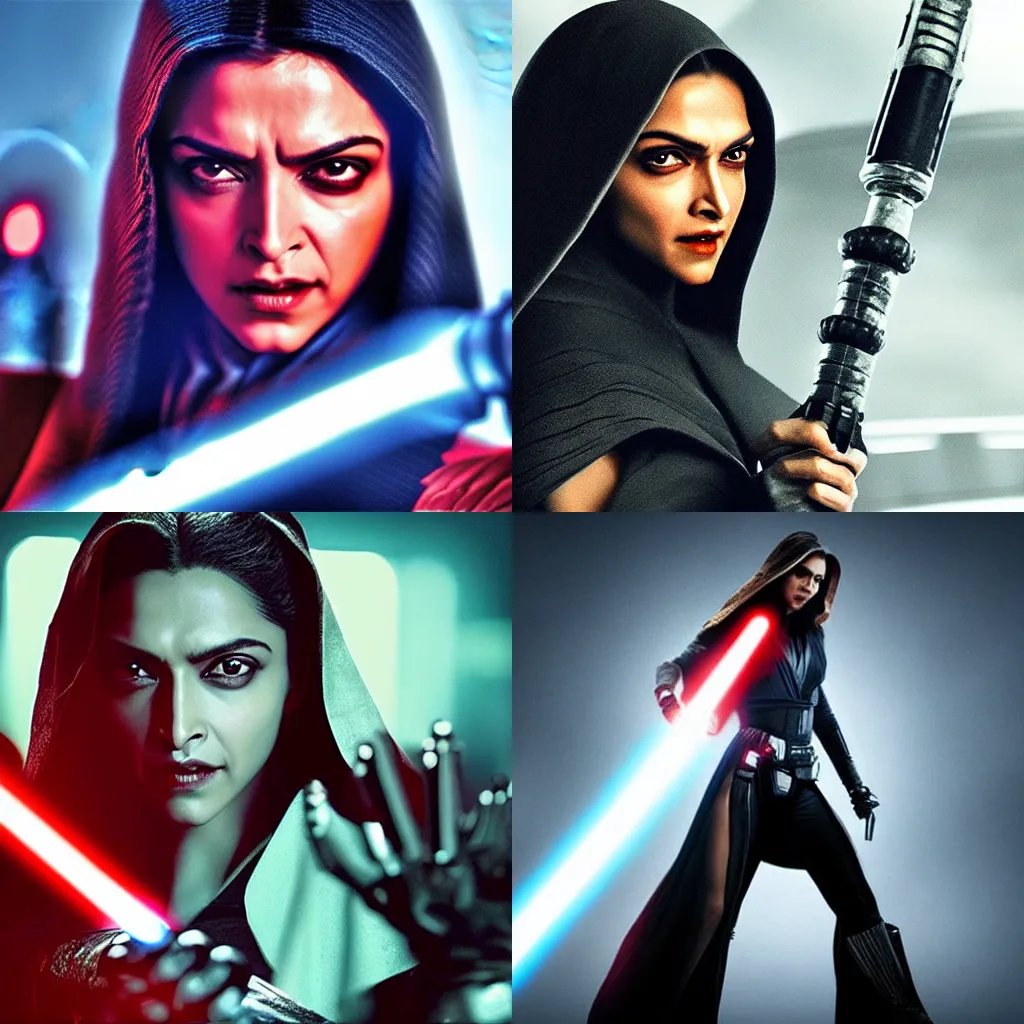 Prompt: “Deepika Padukone as Sith holding light saber, Star Wars villain cinematic movie still UHD 8K”