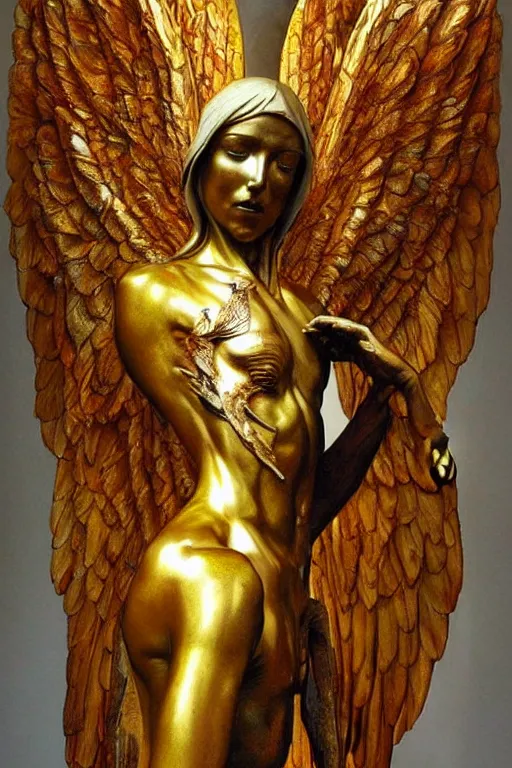 Image similar to realistic detailed statue the holy sacred mechanic angel with stained rust golden wings, body full of scars, made by Karol Bak, Mark Brooks and Bernini. Rich colors. Beksinski and Gerhard Richter painting. Masterpiece