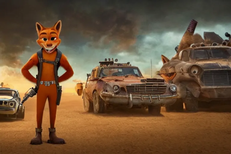 Prompt: nick wilde ( from zootopia ), heavily armed and armored facing down armageddon in a dark and gritty reboot from the makers of mad max : fury road