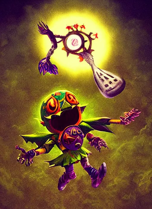 Image similar to skull kid from majoras mask floating in the air while looking at the viewer maniacally, legend of zelda fairy in the background, dramatic lighting, cinematic, film, dynamic pose, movie scene