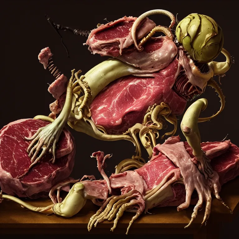 Image similar to still life of rotten meat flesh, white xenomorph, beautiful pastel tropical flowers, metallic human spine, colorful mold, baroque painting, beautiful detailed intricate insanely detailed octane render, 8K artistic photography, photorealistic, chiaroscuro, Raphael, Caravaggio