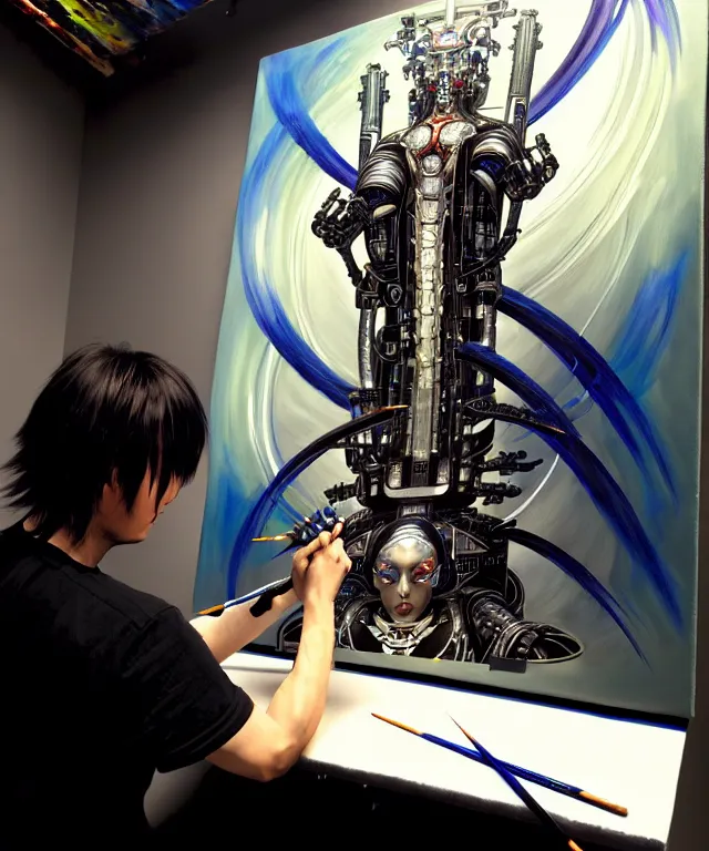 Prompt: photo of futuristic holy futuristic cyborg-robot-painter-artist creating a painting with acrylic paint and brushes in a futuristic artist studio by H.R Giger, by Ayami Kojima, Amano, Karol Bak, Greg Hildebrandt, and Mark Brooks, Neo-Gothic, gothic, rich deep colors. masterpiece, intricate artwork by Tooth Wu and wlop and beeple, greg rutkowski. still from a 2021 movie by Terrence Malick, Tarkovsky, Gaspar Noe, James Cameron,