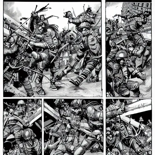 Prompt: large scale battle comic highly detailed in the style of olivier ledroit