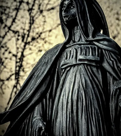 Prompt: mystical black death angel statue, film photo, grainy, high detail, high resolution