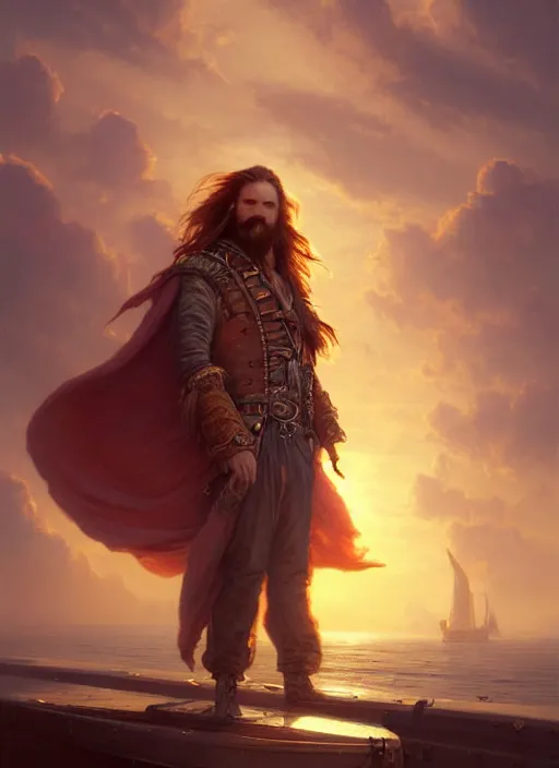 Image similar to portrait painting of a handsome rugged long hair crimson hair male pirate, soft hair steampunk zeppelin in the sky sunset golden hour art by raphael lacoste and stephan martiniere greg rutkowski gaston bussiere fantasy soft hair trending on artstation deviantart book cover art concept art key art dramatic volumetric lighting, 4 k, award winning