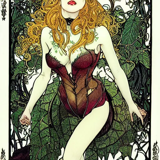 Image similar to a beautiful and detailed tarot card of a seductive poison ivy dressed as a lawyer in the big city, dark eyeliner, intricate, elegant, highly detailed, digital painting, artstation, concept art, matte, sharp focus, illustration, art by rebecca guay and by arthur rackham and by alphonse mucha and by john william waterhouse