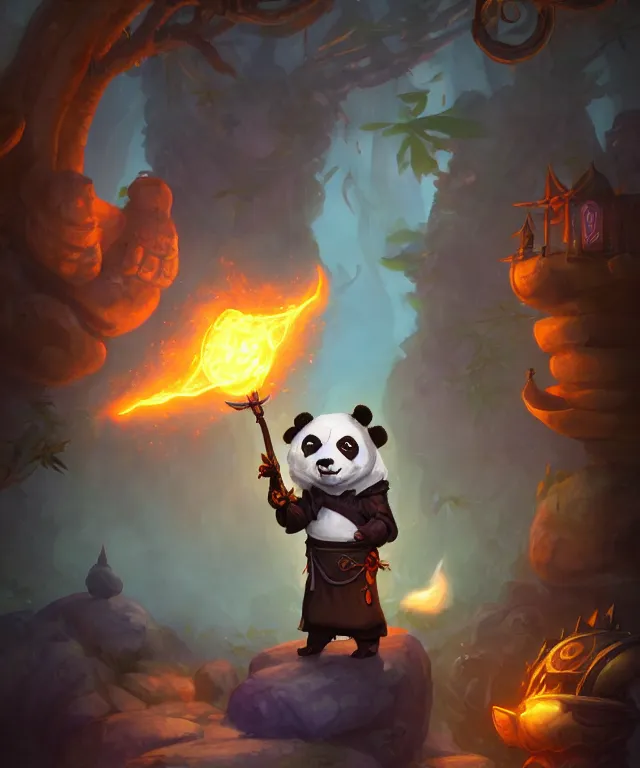 Image similar to a portrait an anthropomorphic panda mage casting a spell, wearing mage robes, landscape in background, cute, dnd character art portrait, world of warcraft style, by peter mohrbacher, cinematic lighting