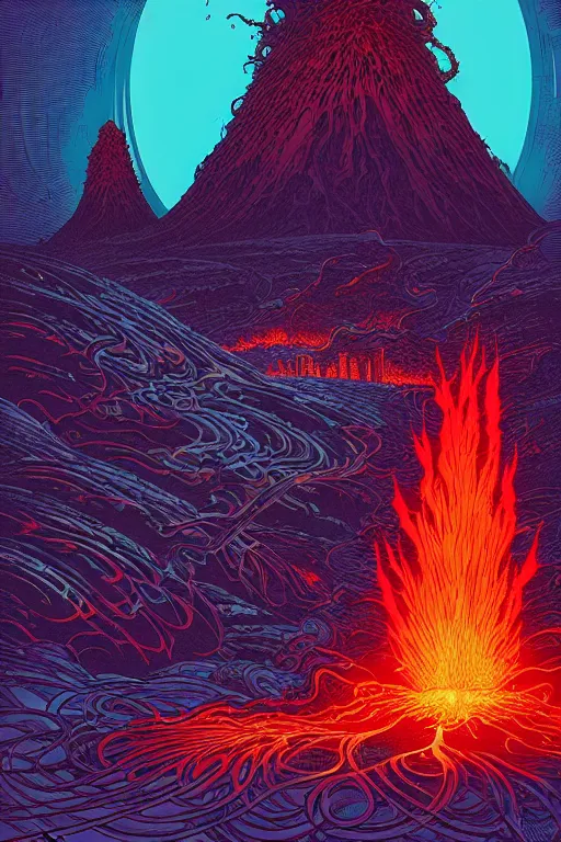 Image similar to artwork by kilian eng and ( dan mumford ) and toshi yoshida and franklin booth showing a futuristic powerstation!! in front of a ( ( exploding volcano ) ), vintage scifi, high details, dramatic lightning,, 8 k