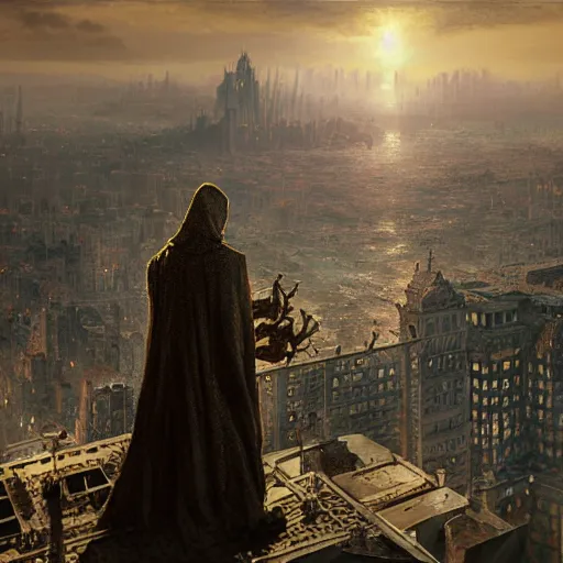 Image similar to cthulhu towering over a city, volumetric lighting, 8 k octane beautifully detailed render, post - processing, extremely hyper - detailed, intricate, epic composition, cinematic lighting, masterpiece, trending on artstation, detailed detailed detailed, masterpiece, stunning art by anders zorn, wonderful masterpiece by greg rutkowski, beautiful cinematic light,