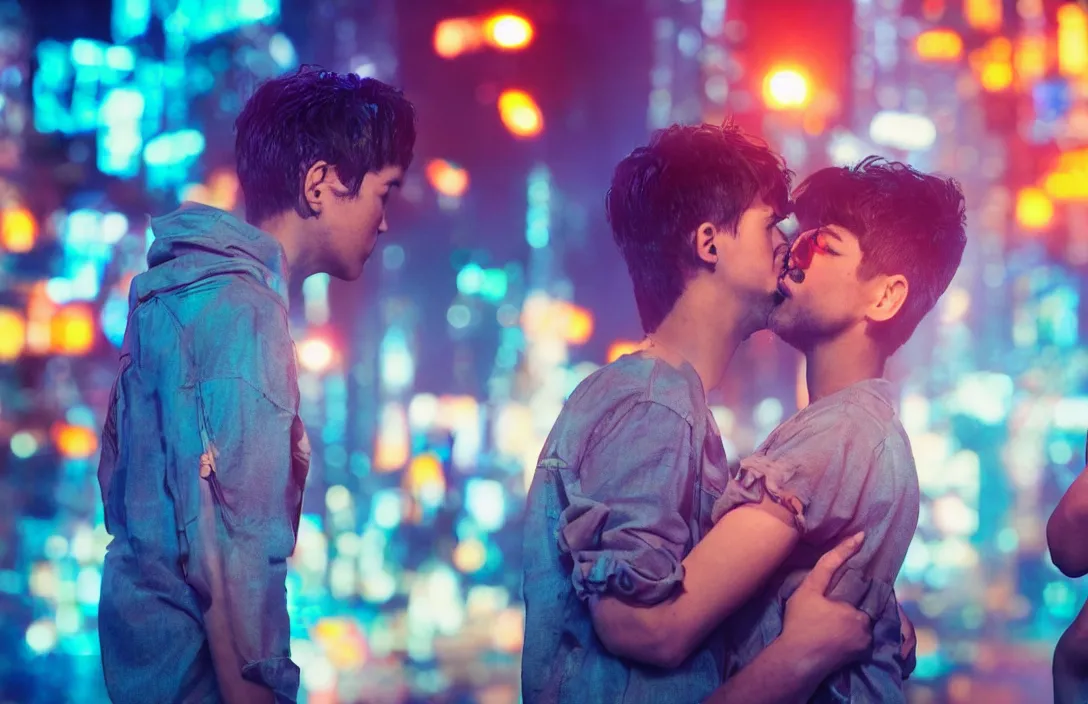 Prompt: boys kissing in front of a cyberpunk city, neon lights, bokeh, close up, award wining photograph, movie still,