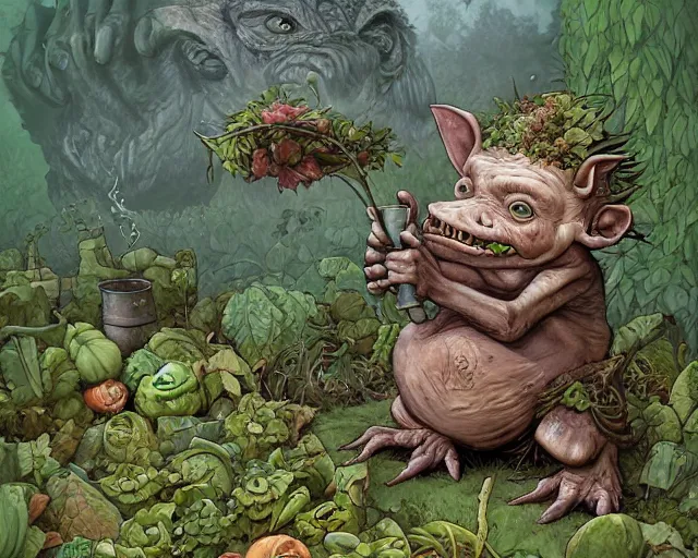 Prompt: cute adorable realistic Hogboon Earth Goblin tending a vegetable garden alone solitary by Christopher Lovell in the style of Scott Fischer, Hyperdetailed, stylized, cel shading, fantasy art