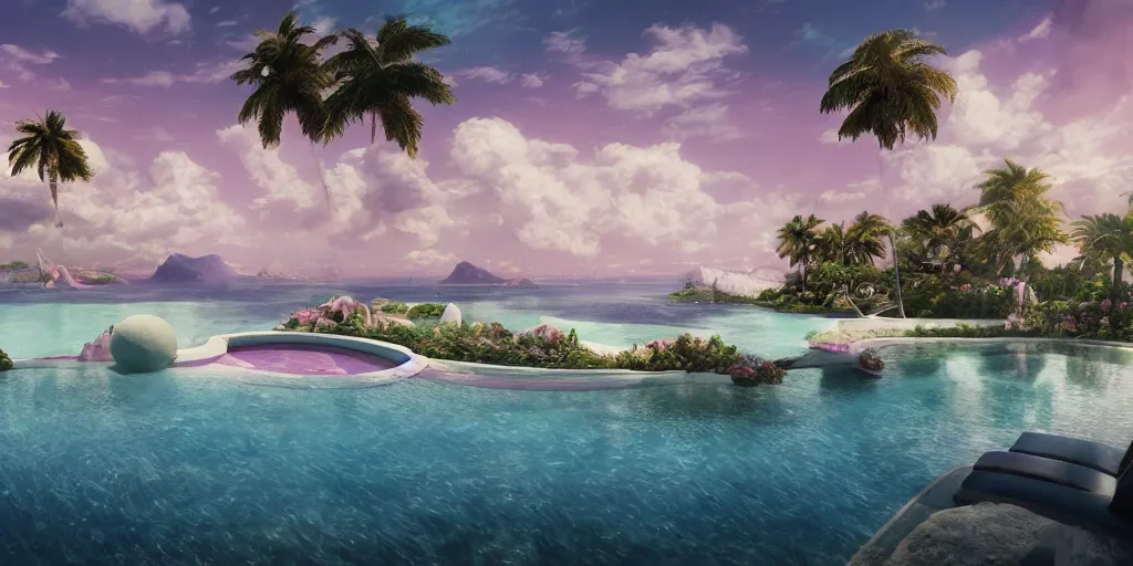 Prompt: masterpiece, hyperrealistic surrealism, award winning masterpiece with incredible details, epic stunning, infinity pool, a surreal vaporwave liminal space, highly detailed, trending on ArtStation, calming, meditative, pink arches, flowing silk sheets, palm trees, very vaporwave, very very surreal, sharp details, dreamscape