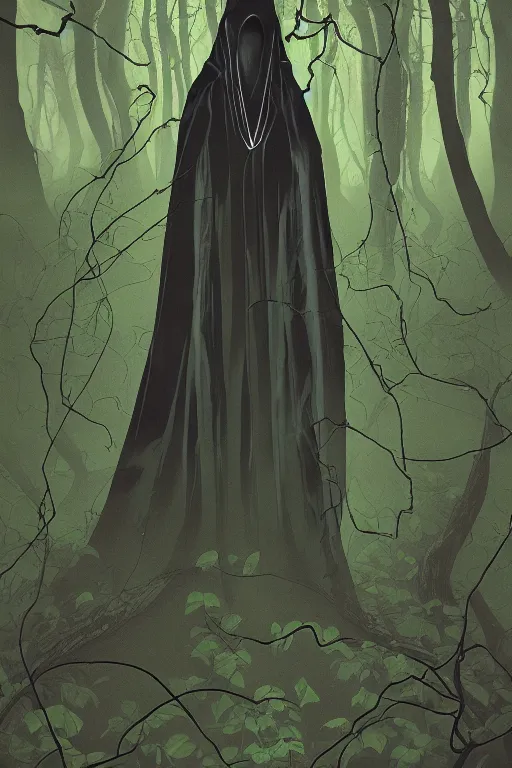 Image similar to A full body portrait of a mysterious character in a forest with no face, glowing eyes and a very long hooded dark green cloak, vines coming out the ground art by Shaddy Safadi and Jason Chan, ominous, cosmic horror, trending on artstation, Ultra detailed, hyper realistic 4k