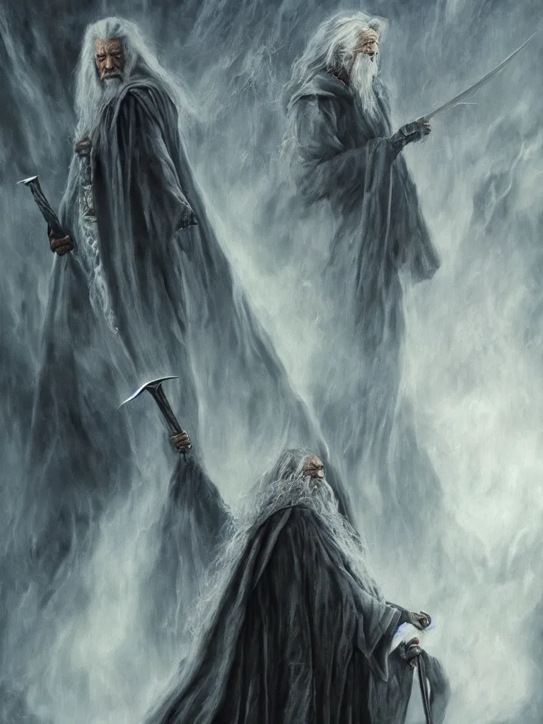 Prompt: morgan freeman starring as gandalf in lord of the rings, epic dark fantasy horror stylized oil painting by ivan shiskin. trending on artstation