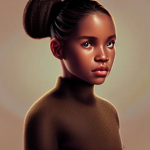 Prompt: a photorealistic hyperrealistic, bright brown eyes, light skinned african young girl, ponytail hair, flawless face, beautiful eyes, cute face, black turtle neck shirt, by wlop, artgerm, greg rutwoski, alphonse mucha, beautiful dynamic dramatic low - light moody lighting, cinematic atmosphere, artstation, concept design art, octane render, 8 k