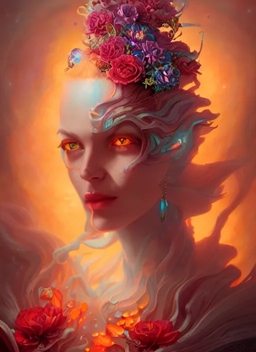 Prompt: liquid magma priestess adorned with flowers and gemstones, artgerm, peter mohrbacher, jesper ejsing, photorealism, highly detailed portrait, volumetric lighting