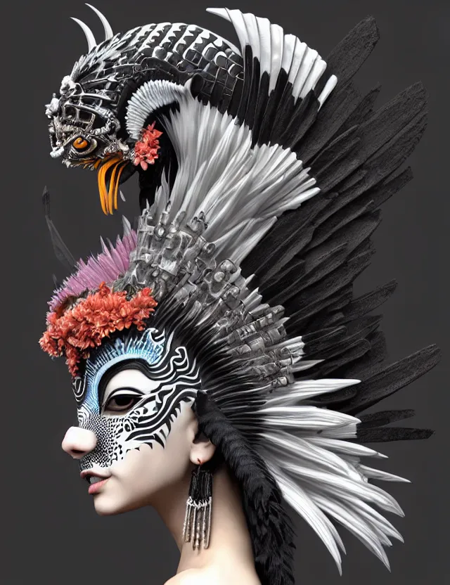 Image similar to 3 d goddess close - up profile portrait punk with mohawk with ram skull. beautiful intricately detailed japanese crow kitsune mask and clasical japanese kimono. betta fish, jellyfish phoenix, bio luminescent, plasma, ice, water, wind, creature, artwork by tooth wu and wlop and beeple and greg rutkowski