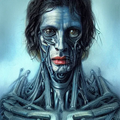 Image similar to surreal portrait of a man by Greg Rutkowski and H.R Giger, he is about 30 years old, messy long black hair, tired appearance, roman nose, peaceful but sad and resigned expression, martyred as a biomechanical transhuman cyborg god, eyes glow electric blue, cosmic void background, frightening, fascinating, highly detailed portrait, digital painting, book cover, artstation, concept art, smooth, sharp foccus ilustration, Artstation HQ.