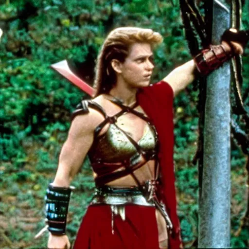 Image similar to an amazon with a sword and red armour, 1 9 8 9 movie still