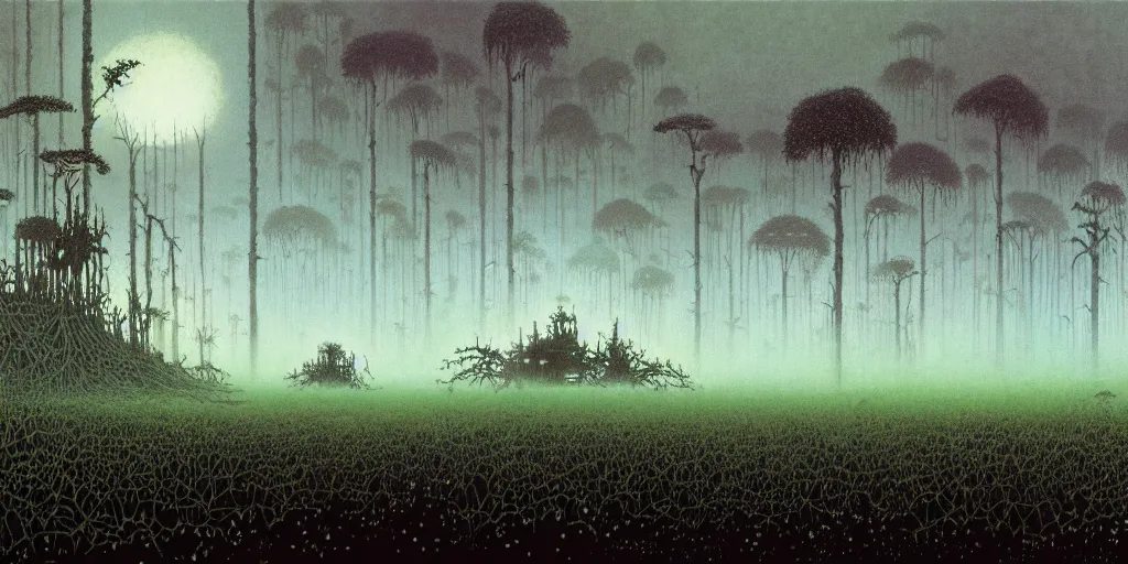 Prompt: grainy risograph matte painting of gigantic huge mech covered with wounds, black, a lot of exotic vegetation, trees, flowers, tall grass, pastel matte colors, staying in the foggy huge swamp covered with web and cotton and a lot of glow - worms, by moebius, hyperrealism, intricate detailed