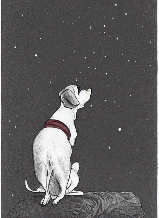 Image similar to candid portrait of jack russel dog looking up, from behind, night sky, highly detailed, side view, illustrated by peggy fortnum and beatrix potter and sir john tenniel