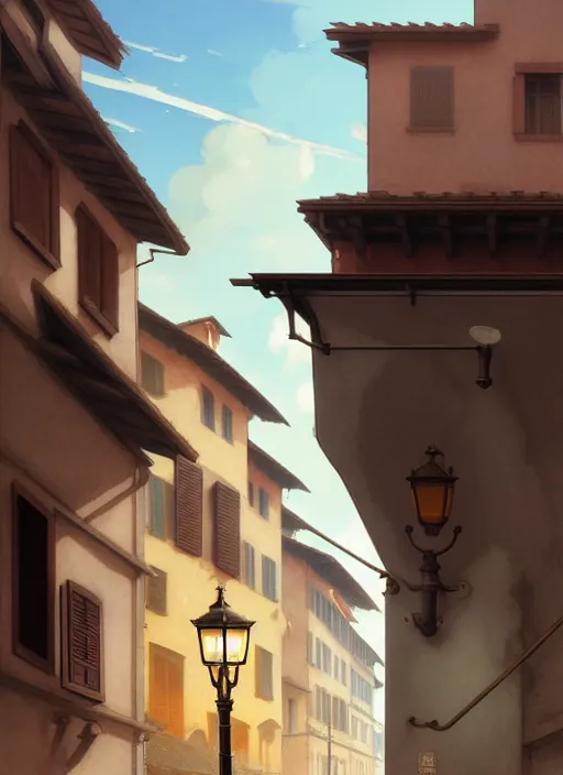 Image similar to florence italy in 1 8 2 0, a nightingale bird sits on a lamp - post at dawn, flowers in window boxes, finely detailed perfect art, gapmoe yandere grimdark, trending on pixiv fanbox, painted by greg rutkowski makoto shinkai takashi takeuchi studio ghibli