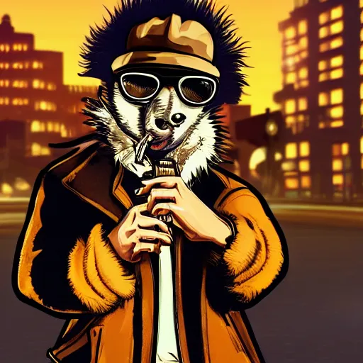 Prompt: an anthropomorphic gangster rat, gta loading screen, smoking a cigar, wearing sunglasses, wearing a luxury fur coat, at night under the light of a street lamp