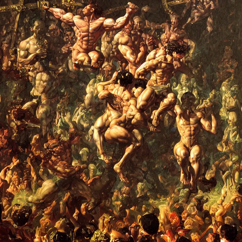 Prompt: a baroque neoclassicist close - up painting of bodybuilder people jumping out of picture frames. reflective detailed textures. glowing colorful fog, black background. highly detailed fantasy science fiction painting by moebius, norman rockwell, frank frazetta, and syd mead. rich colors, high contrast. artstation