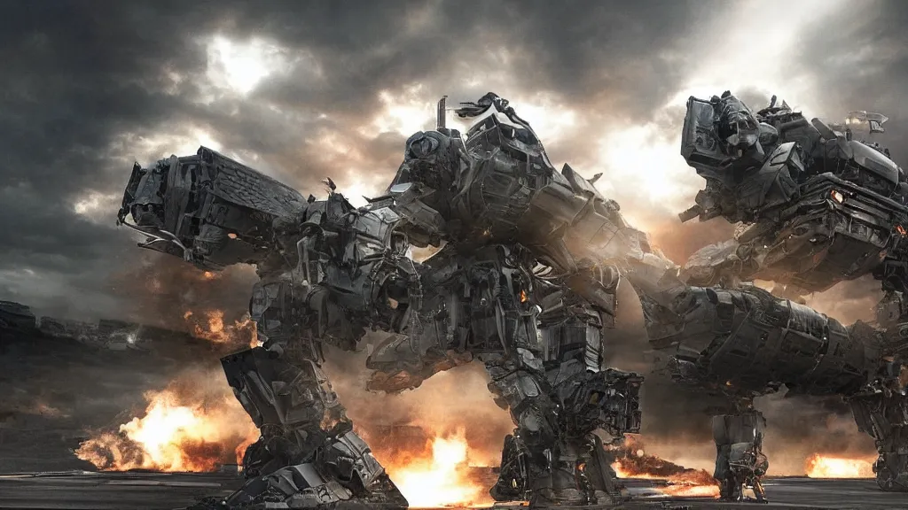 Image similar to bernie sanders putting the finishing touches on an armored weaponized mech robot, cinematic moody lighting, smoky laboratory, sharp focus, imax