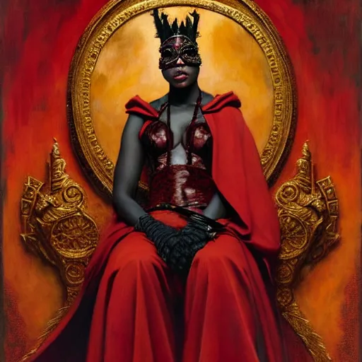 Image similar to full body portrait of black skinned, masked queen in red gothic robes sitting on a throne of bones, elegant, highly detailed painting by gaston bussiere, craig mullins, j. c. leyendecker, 8 k, mid shot