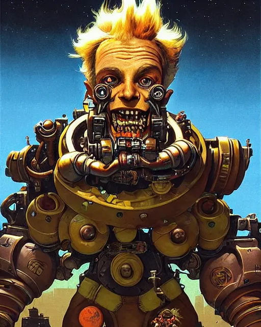 Image similar to junkrat from overwatch, slight smile, character portrait, portrait, close up, concept art, intricate details, highly detailed, vintage sci - fi poster, retro future, in the style of chris foss, rodger dean, moebius, michael whelan, and gustave dore