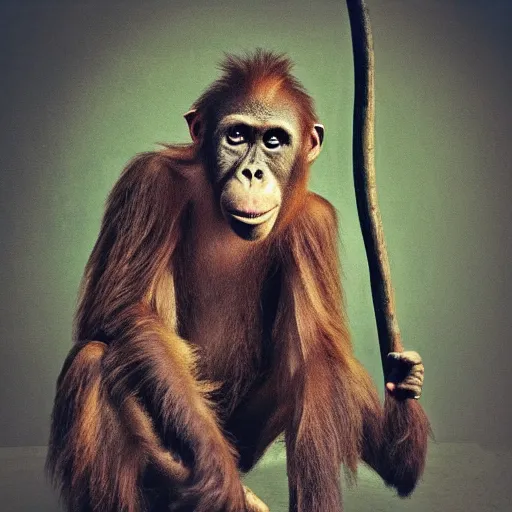 Image similar to “tall Goblin orangutan human hyena hybrid with mange holding a spear, jungle background”