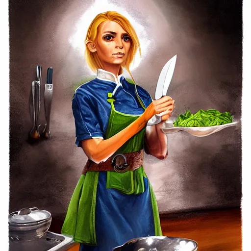 Image similar to Hard-eyed elf woman with short blonde hair wearing a kitchen maid's uniform and holding a chef's knife, standing in the rain, Dungeons and Dragons, character portrait, hyper realism, colorful