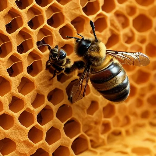 Prompt: arm made with honeycomb, bees flying, photo realistic, tiny holes