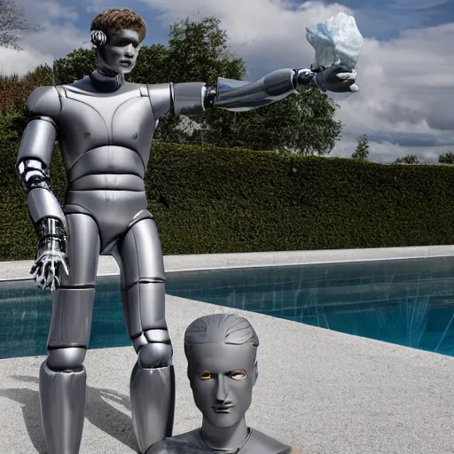 Image similar to a realistic detailed photo of a guy who is an attractive humanoid who is half robot and half humanoid, who is a male android, soccer player timo werner, shiny skin, posing like a statue, blank stare, by the pool, on display, showing off his muscles, humanoid robot, frozen ice statue, made of ice