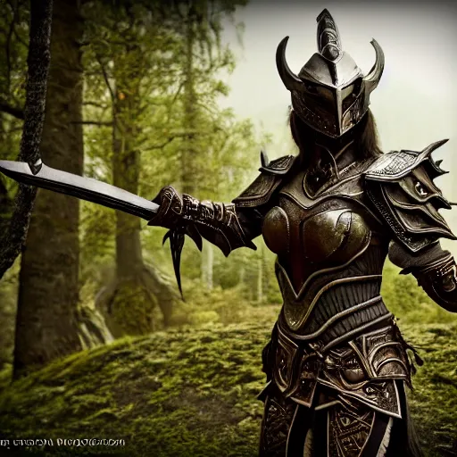 Image similar to warrior with daedric armor, skyrim ,Grim fantasy, D&D, HDR, natural light, dynamic pose, award winning photograph, Mucha style, 8k,